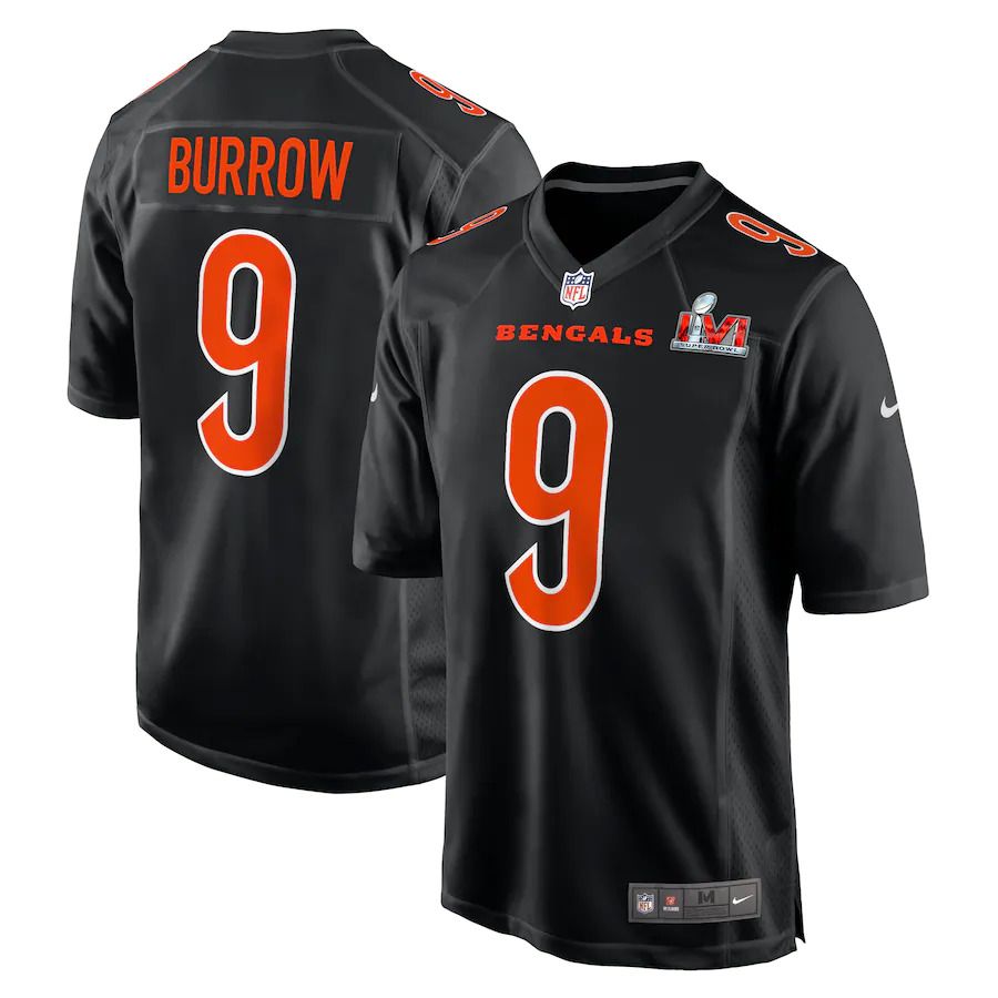 Men Cincinnati Bengals 9 Joe Burrow Nike Black Super Bowl LVI Bound Game Fashion NFL Jersey